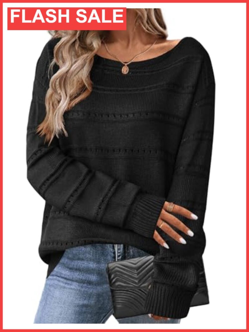 Zeagoo Womens Crochet Off Shoulder Sweater Boat Neck Long Sleeve Pullover